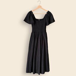 Madewell Linen Smocked Midi Dress, Black, XXS